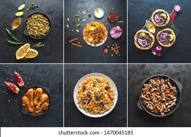 Collage With Different Meat Dishes Of The World Cuisine.