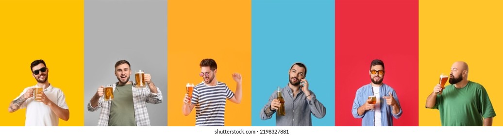 Collage con diferentes hombres bebiendo cerveza en un fondo colorido