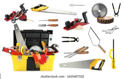 Collage with different modern carpenter's tools on white background