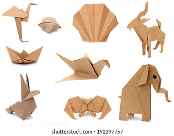 Collage of different origami papers isolated on white 