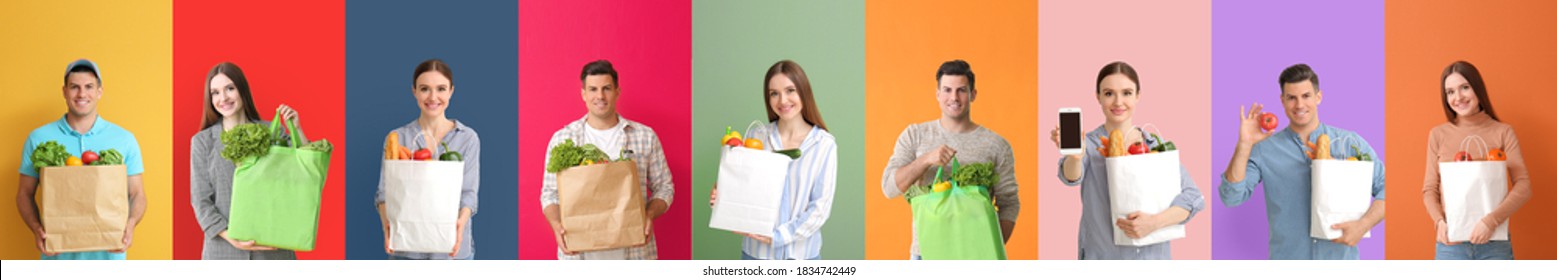 Collage of different people with blank shopping bags on color background