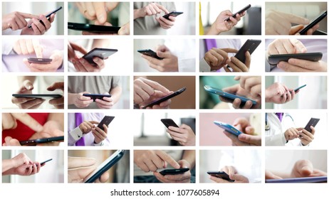 Collage Of Different People Hands Texting Or Typing SMS On Smartphones. They Using Cell Phones And Smart Phones. Technology And Communication Concept.