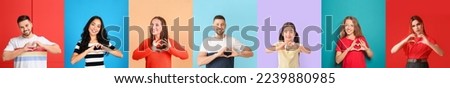Collage of different people making heart shape with their hands on color background