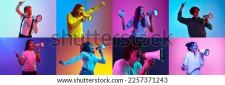 Collage of different people. Men and women shouting in megaphone over multicolored background in neon lights. News, sales. Concept of human emotions, facial expression, youth, lifestyle.