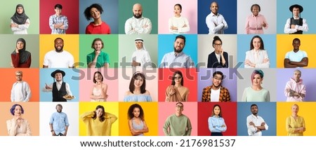 Collage of different people on color background