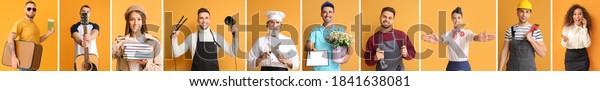 Collage with different people of different\
professions on orange\
background