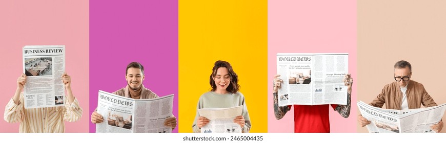 Collage of different people reading newspapers on color background - Powered by Shutterstock