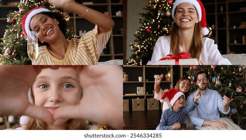 Collage of different people take part in video call, congratulate on New Year and Christmas Eve, showing heart sign to camera, say best wishes, toast, drink champagne, show gifts prepared on holiday - Powered by Shutterstock