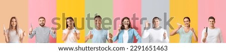 Collage of different people with tooth brushes, paste and dental tools on color background