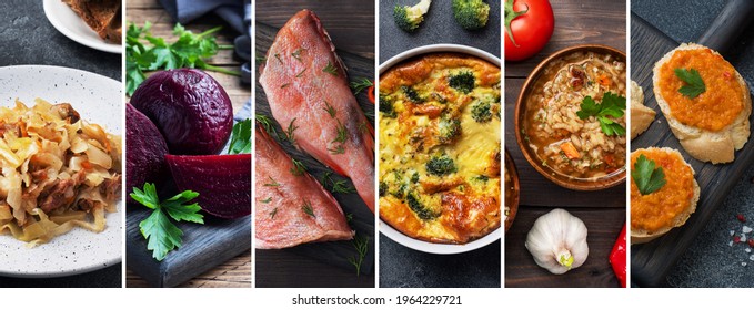 Collage von verschiedenen Fotos von leckeren Lebensmitteln. Bilder mit Speisen und Speisen