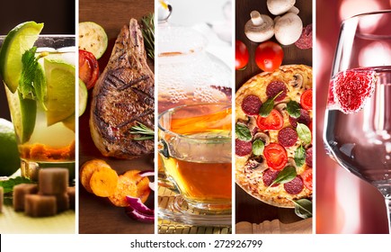 Collage From Different Photos Of Food And Drinks