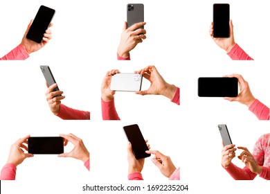 Collage Of Different Photos Of Person Holding Mobile Phone In Hand, Isolated On White Background