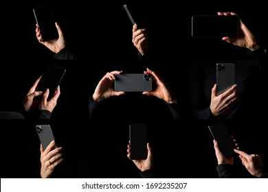 Collage Of Different Photos Of Person Holding Mobile Phone In Hand, Isolated On Black Background