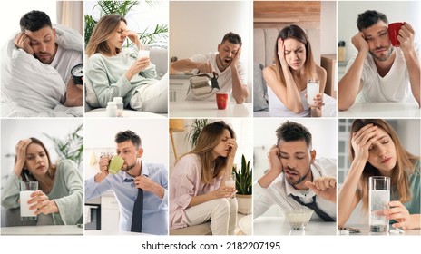 Collage With Different Photos Of Tired People