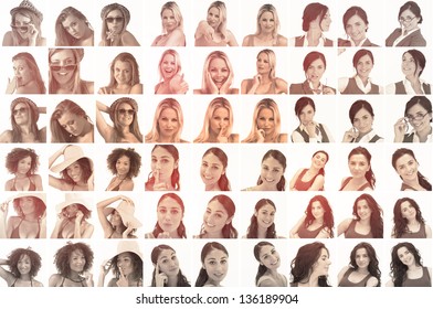 Collage of different pictures of  women in sepia on white background