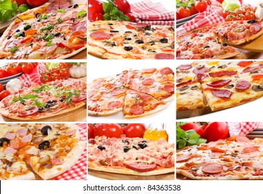 collage with different pizza