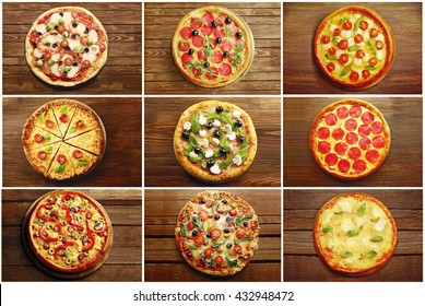 Collage of different pizza on wooden background