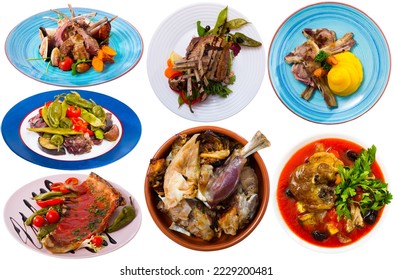 Collage of different plates of mutton meat on white background