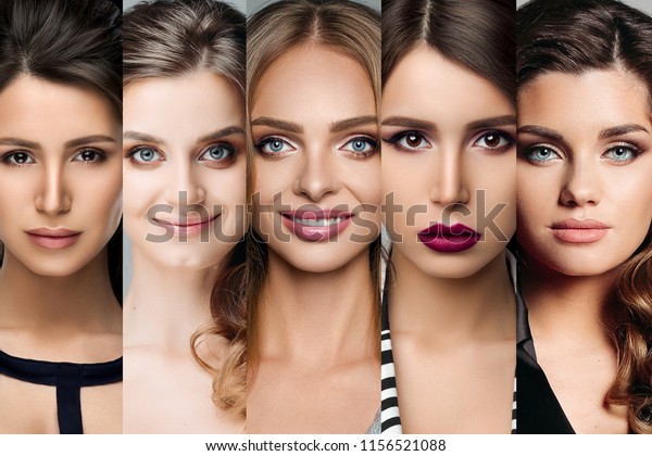 Collage Different Pretty Girls Amazing Curly Beauty Fashion