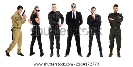 Collage of different professional security guards on white background. Banner design