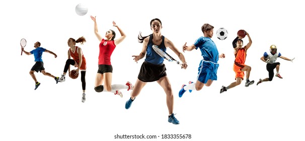 Collage different professional sportsmen  fit men   women in action   motion isolated white background  Made 5 models  Concept sport  achievements  competition  championship 