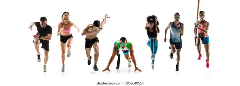 Collage of different professional sportsmen, fit people in action and motion isolated on white background. Flyer. Concept of sport, achievements, competition, championship. Running, pole vault - Powered by Shutterstock