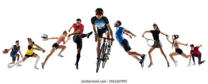 Collage of different professional sportsmen, fit people in action and motion isolated on white background. Flyer. Concept of sport, achievements, competition, championship. Hockey, gymnastics, tennis.