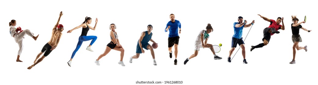 Collage of different professional sportsmen, fit people in action and motion isolated on white background. Flyer. Concept of sport, achievements, competition, championship. Hockey, gymnastics, tennis. - Shutterstock ID 1961268010