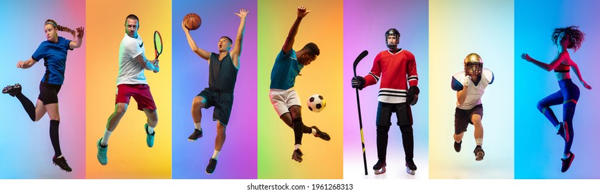 Collage of different professional sportsmen, fit people in action and motion isolated on multicolored neon background. Flyer. Concept of sport, achievements, competition, championship. - Shutterstock ID 1961268313