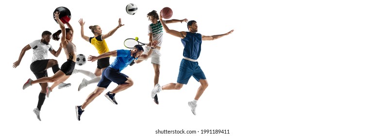 Collage of different professional sportsmen, fit people in action and motion isolated on white background. Flyer. Concept of sport. Basketball, tennis, voleyball, fitness, running, soccer football - Powered by Shutterstock