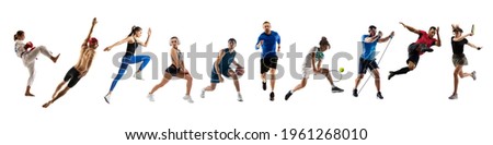 Collage of different professional sportsmen, fit people in action and motion isolated on white background. Flyer. Concept of sport, achievements, competition, championship. Hockey, gymnastics, tennis. Stok fotoğraf © 