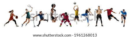 Collage of different professional sportsmen, fit people in action and motion isolated on white background. Flyer. Concept of sport, achievements, competition, championship. Hockey, gymnastics, tennis. Foto d'archivio © 