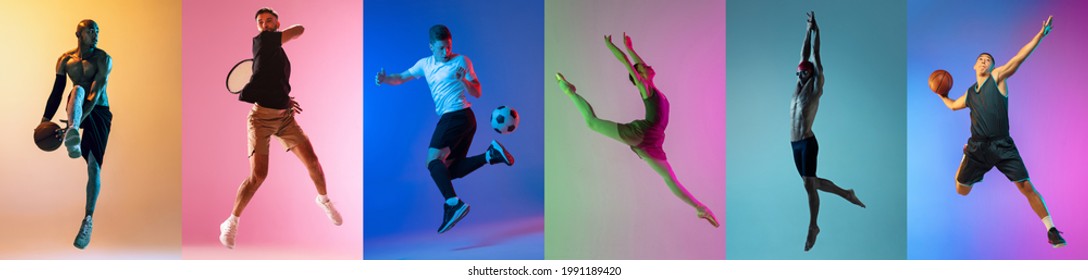 Collage of different professional sportsmen in motion and jumping on multicolored background in neon. Soccer football, ballet, basketball, tennis, swimming. Flyer for advertising, ad. - Shutterstock ID 1991189420
