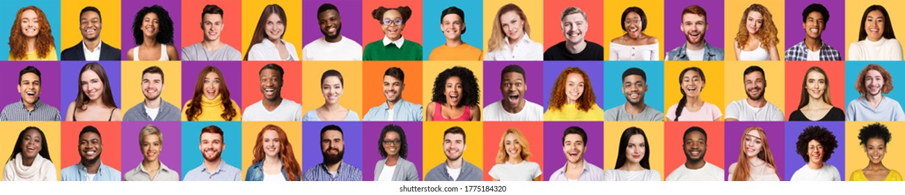 Collage of different real people portraits with smiling faces expressing positive emotions on colorful studio backgrounds. Panorama - Shutterstock ID 1775184320
