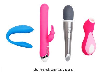 Collage of different sex toys for clitoris stimulation. Isolated on white background.