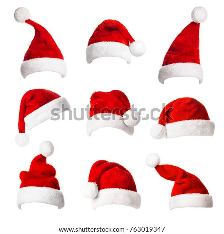 Collage with different shapes of Santa Claus helper hat isolated on white background. Christmas and New Year celebration.