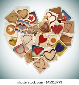 a collage of different snapshots of hearts and heart-shaped things, forming a heart, with a retro effect