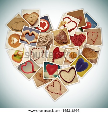 a collage of different snapshots of hearts and heart-shaped things, forming a heart, with a retro effect
