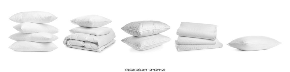 Collage of different soft pillows on white background. Banner design