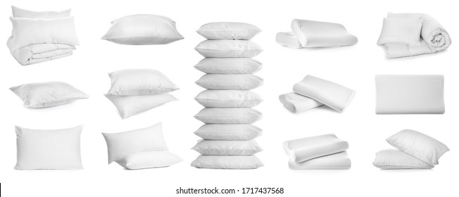 Collage de diferentes almohadas mullidas sobre fondo blanco. Diseño de pancarta