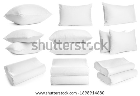 Collage of different soft pillows on white background