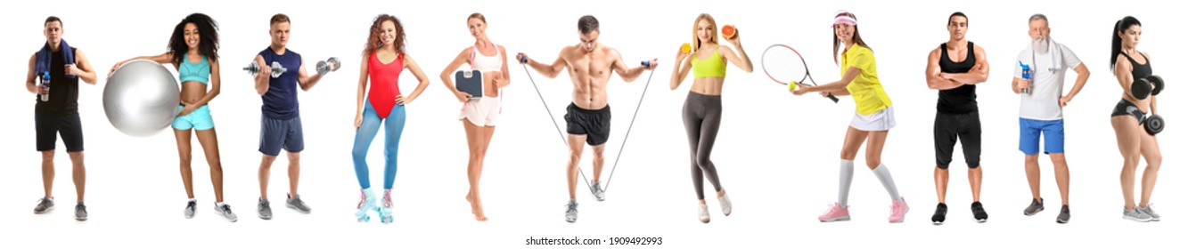 Collage of different sporty people on white background