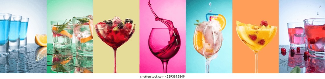 Collage. Different types of alcohol beverages on multicolored backgrounds. Wine, martini, sangria, tequila cocktails. Concept of party, alcohol drink, celebration, fun and enjoyment - Powered by Shutterstock