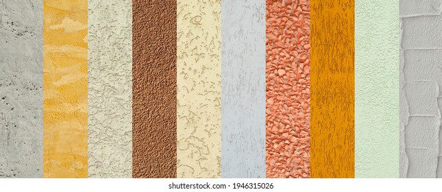 Collage of different types of plaster. Decorative walls are different in color and shape. Samples of decorative walls.