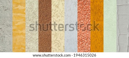 Collage of different types of plaster. Decorative walls are different in color and shape. Samples of decorative walls.
