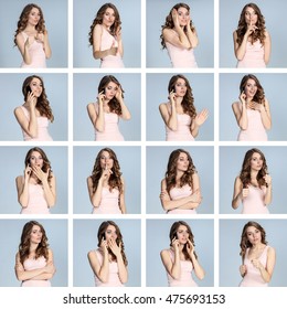 The collage from different woman emotions on gray background - Shutterstock ID 475693153