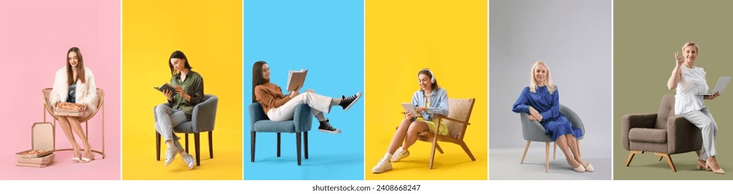 Collage of different women in comfortable armchairs on color background - Powered by Shutterstock