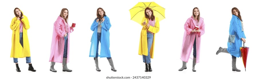 Collage of different women in stylish raincoats and with umbrellas on white background