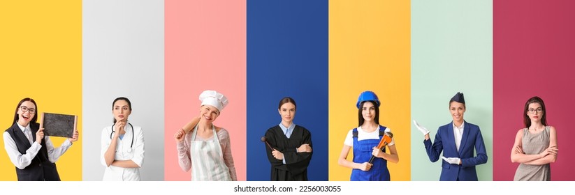 Collage of different working young women on color background. Women's History Month