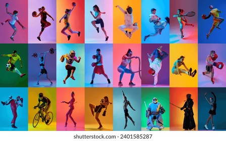 Collage of different young athletic people training, doing diversity kind of sports over multicolored background in neon light. Concept of professional sport, competition, championship, action - Powered by Shutterstock